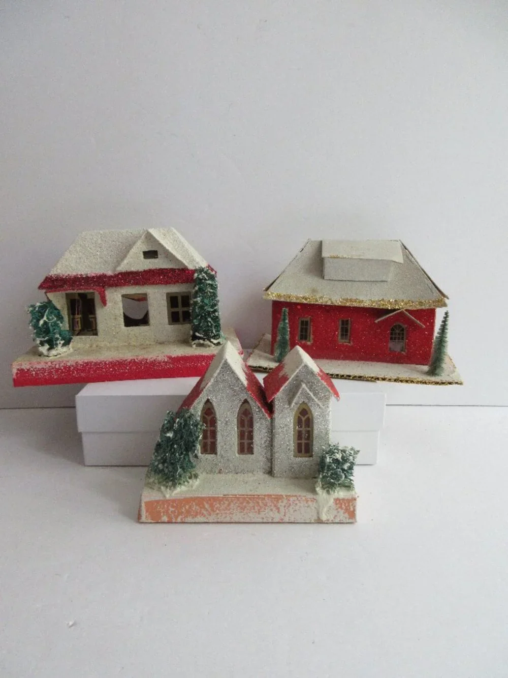 3 Putz Japan Cardboard Christmas Village Red Houses Church, Bottle Brush Trees